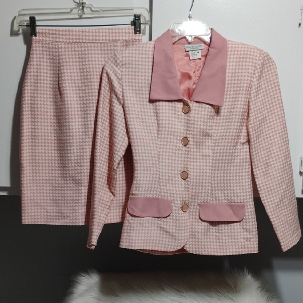 (XX-55) SALE! Blondie And Me Elegant Pink Houndstooth Women's Blazer & Skirt Set